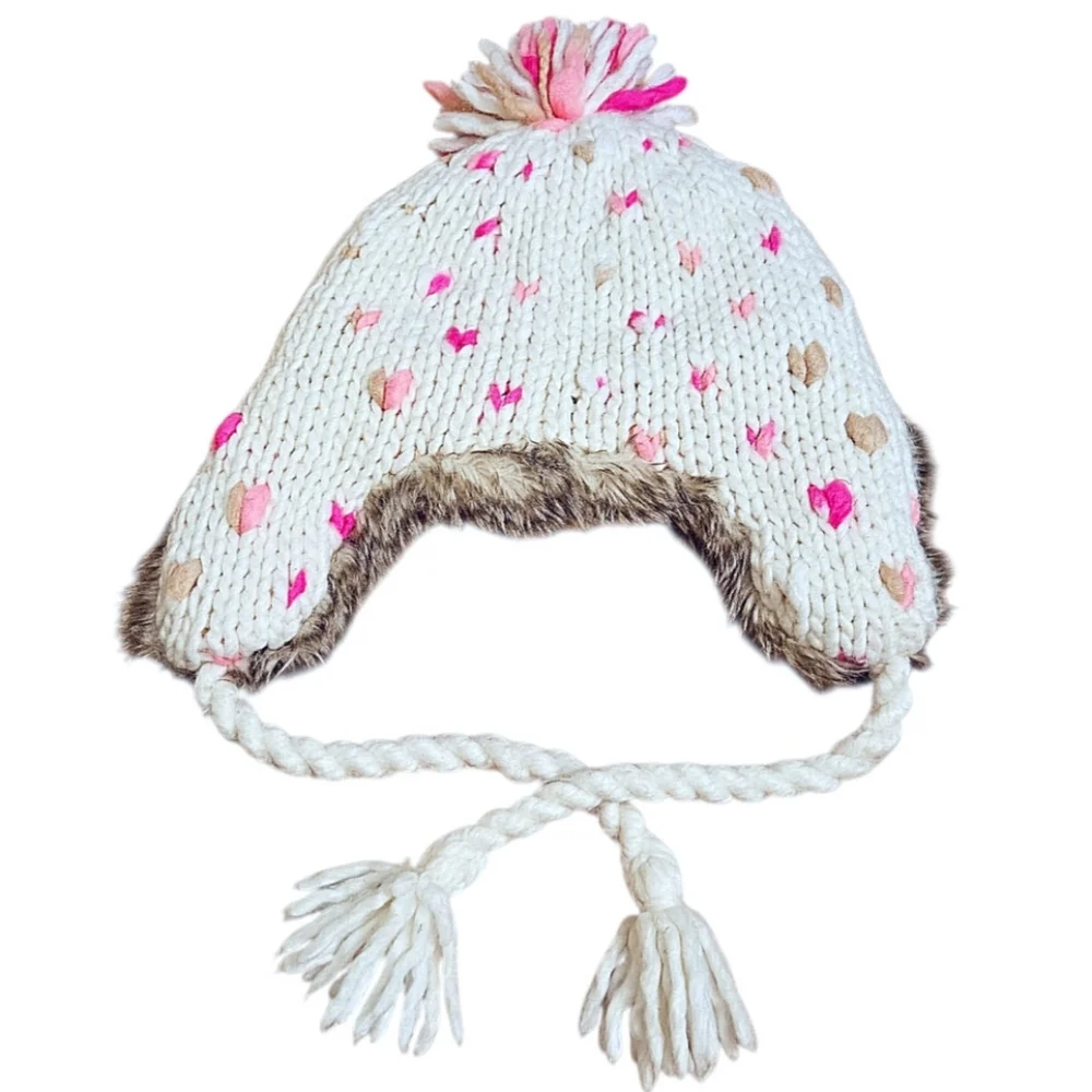 Gap Knit Embroidered Heart Earflap Fleece Lined Hat Faux Fur Trim